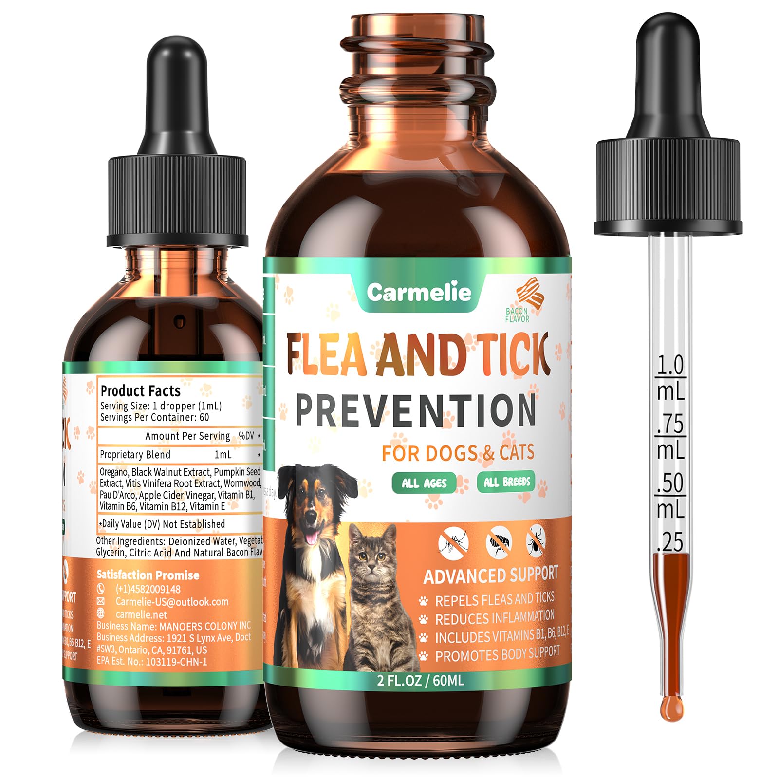 Gouttes Carmelie antipuces et tiques pour chiens et chats, soutien naturel