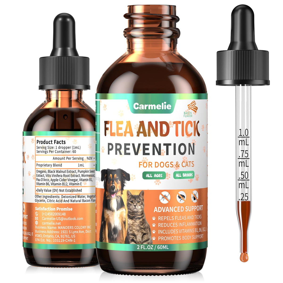 Gouttes Carmelie antipuces et tiques pour chiens et chats, soutien naturel
