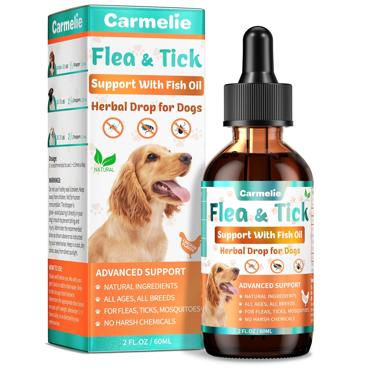 Gouttes Carmelie en bouteille pour chien, soutient naturel peau et pelage.