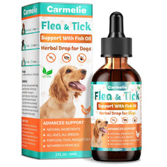 Gouttes Carmelie en bouteille pour chien, soutient naturel peau et pelage.