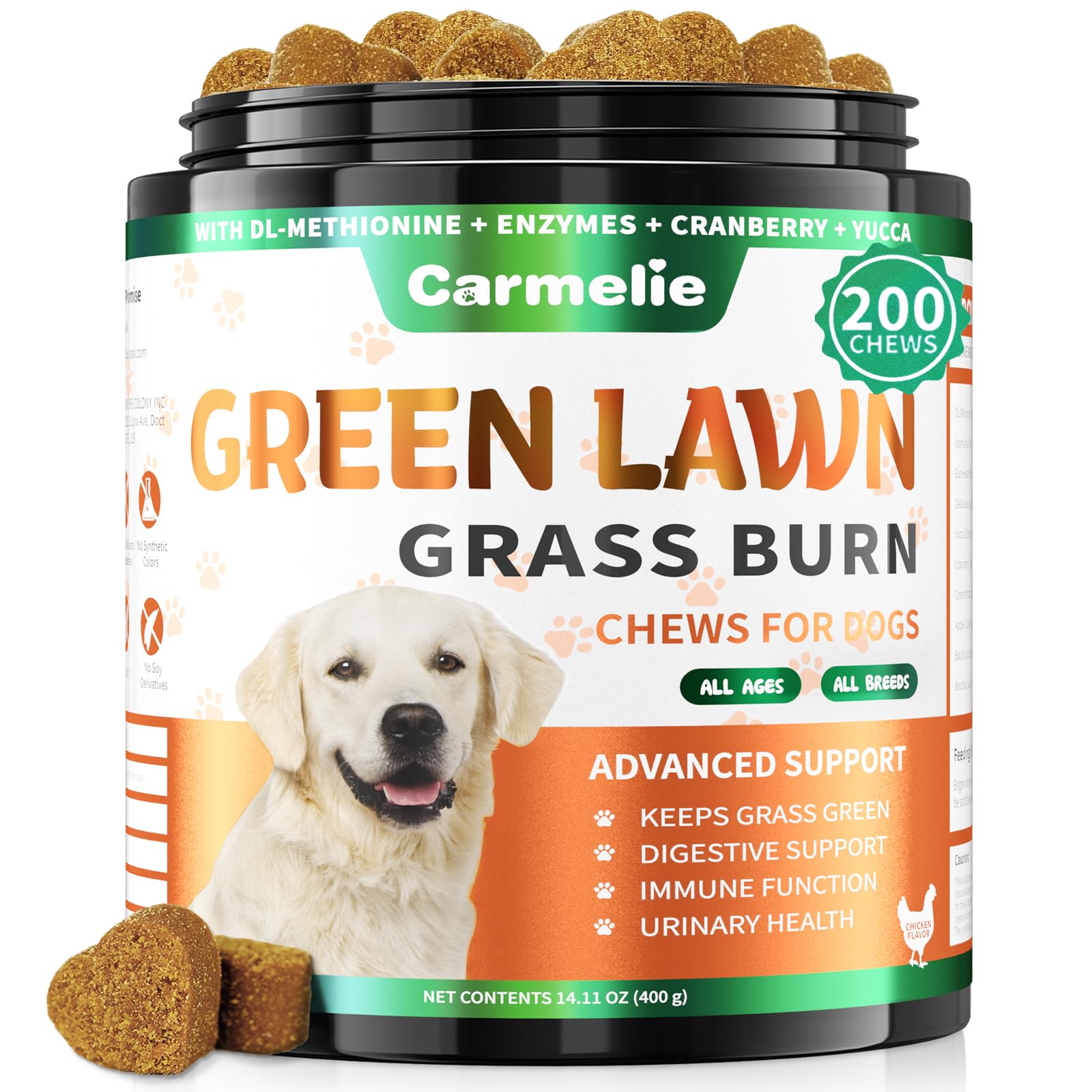 Bouteille Carmelie Grass Burn Spot Chews, indication de soin du gazon et bien-être canin.