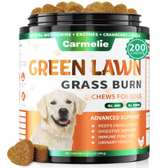 Bouteille Carmelie Grass Burn Spot Chews, indication de soin du gazon et bien-être canin.
