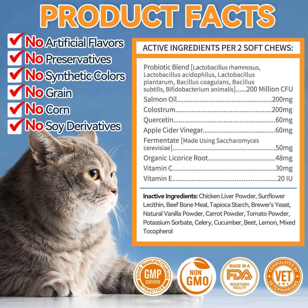 Carmelie omega3-probiotiques-chat, soutien immunitaire potentiel et peau saine.
