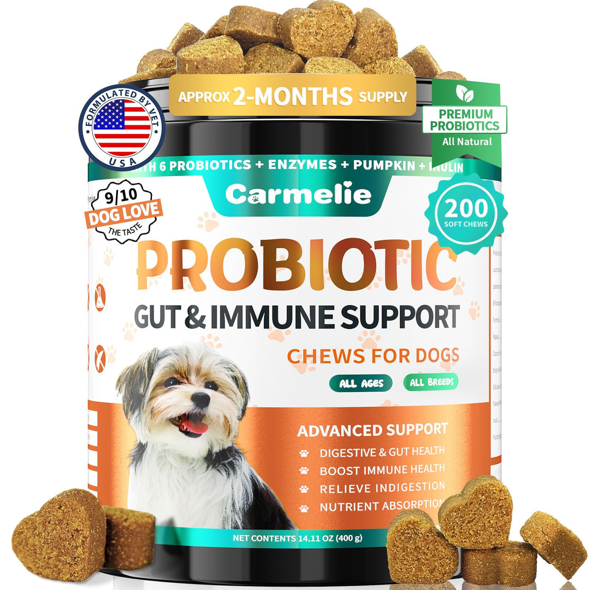 Carmelie probiotiques pour chien – bouteille : soutien digestif pratique et facile à intégrer.
