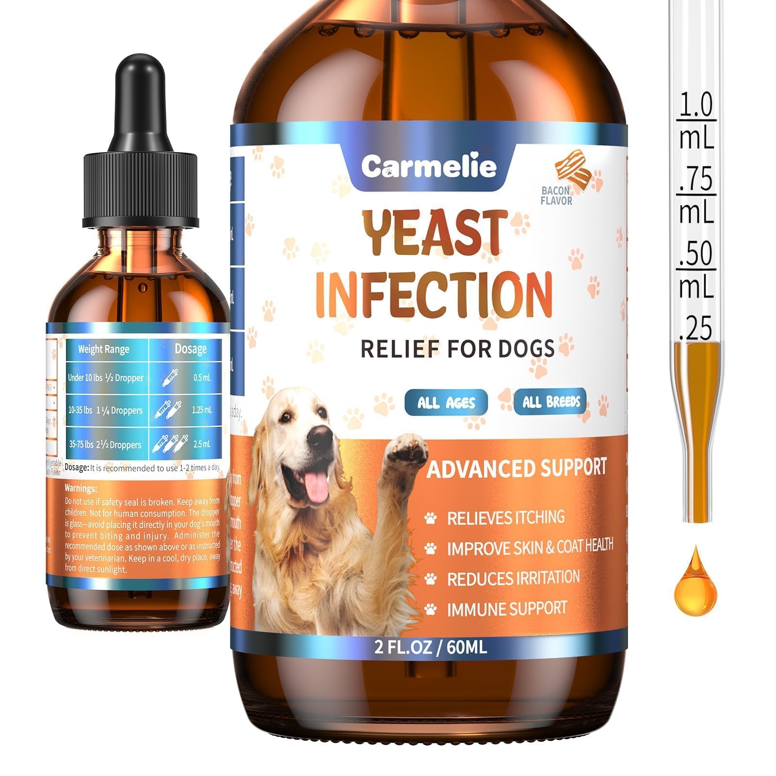 Carmelie Relief Levure Chiens – flacon pratique pour le soin quotidien.