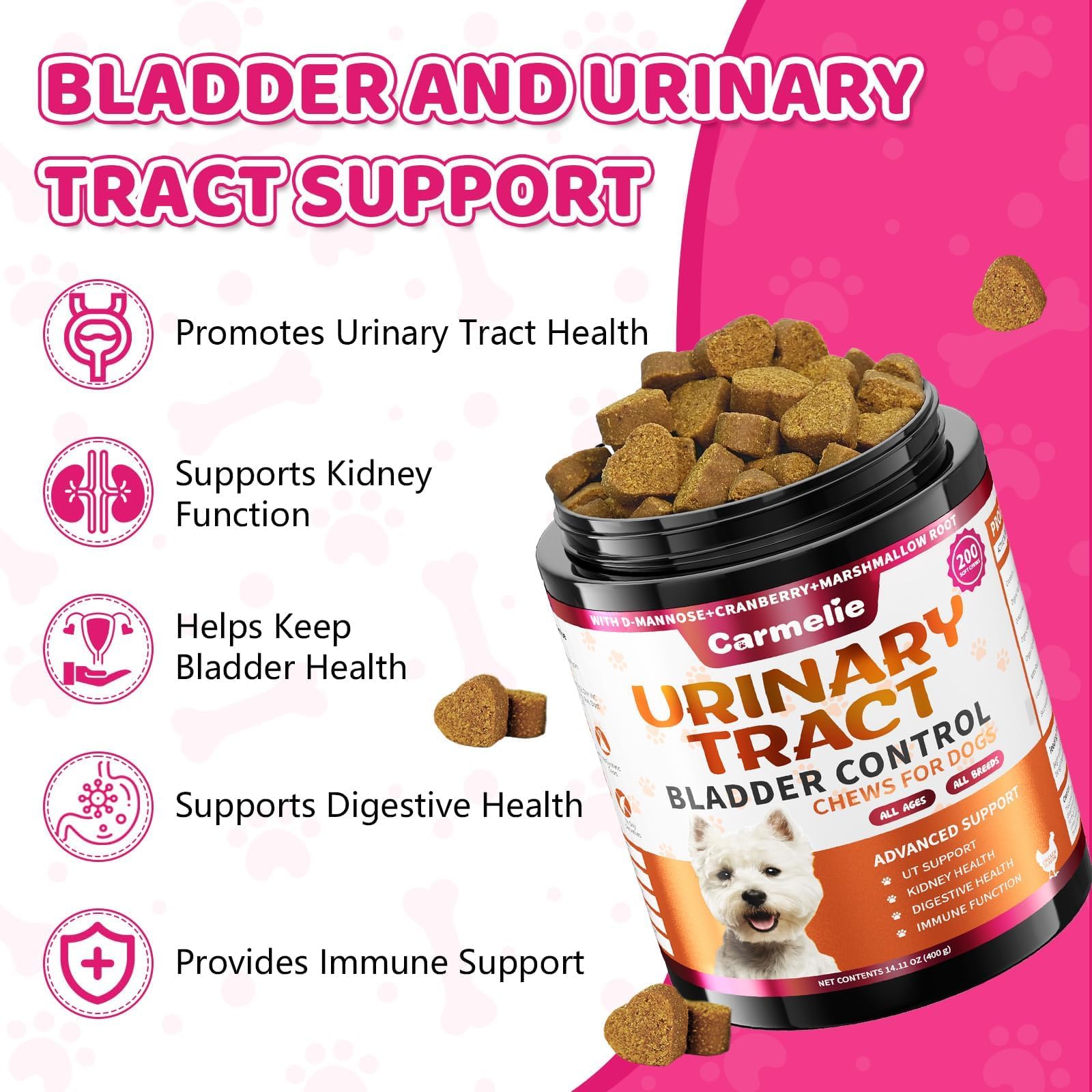 Carmelie suppl&eacute;ment urinaire chien, immunit&eacute; naturelle avec astragale et echinac&eacute;e.