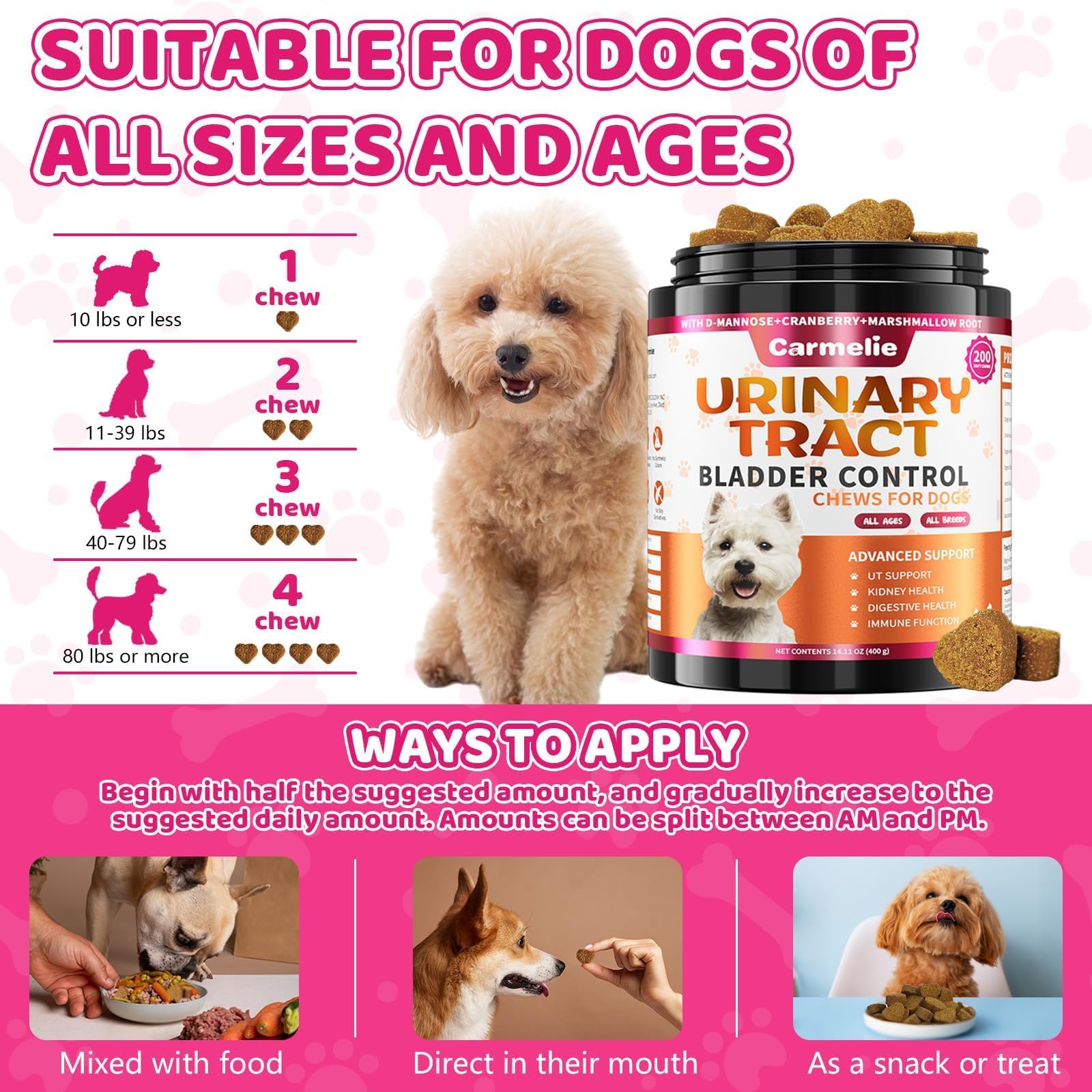 Carmelie suppl&eacute;ment urinaire chien, convient &agrave; toutes tailles et races.