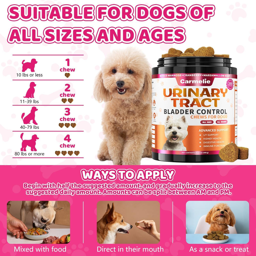 Carmelie suppl&eacute;ment urinaire chien, convient &agrave; toutes tailles et races.