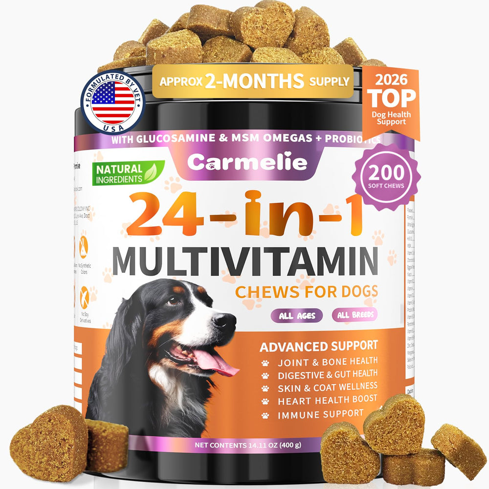 Carmelie friandises chien 24 en 1 en bouteille pour un soutien nutritionnel pratique.