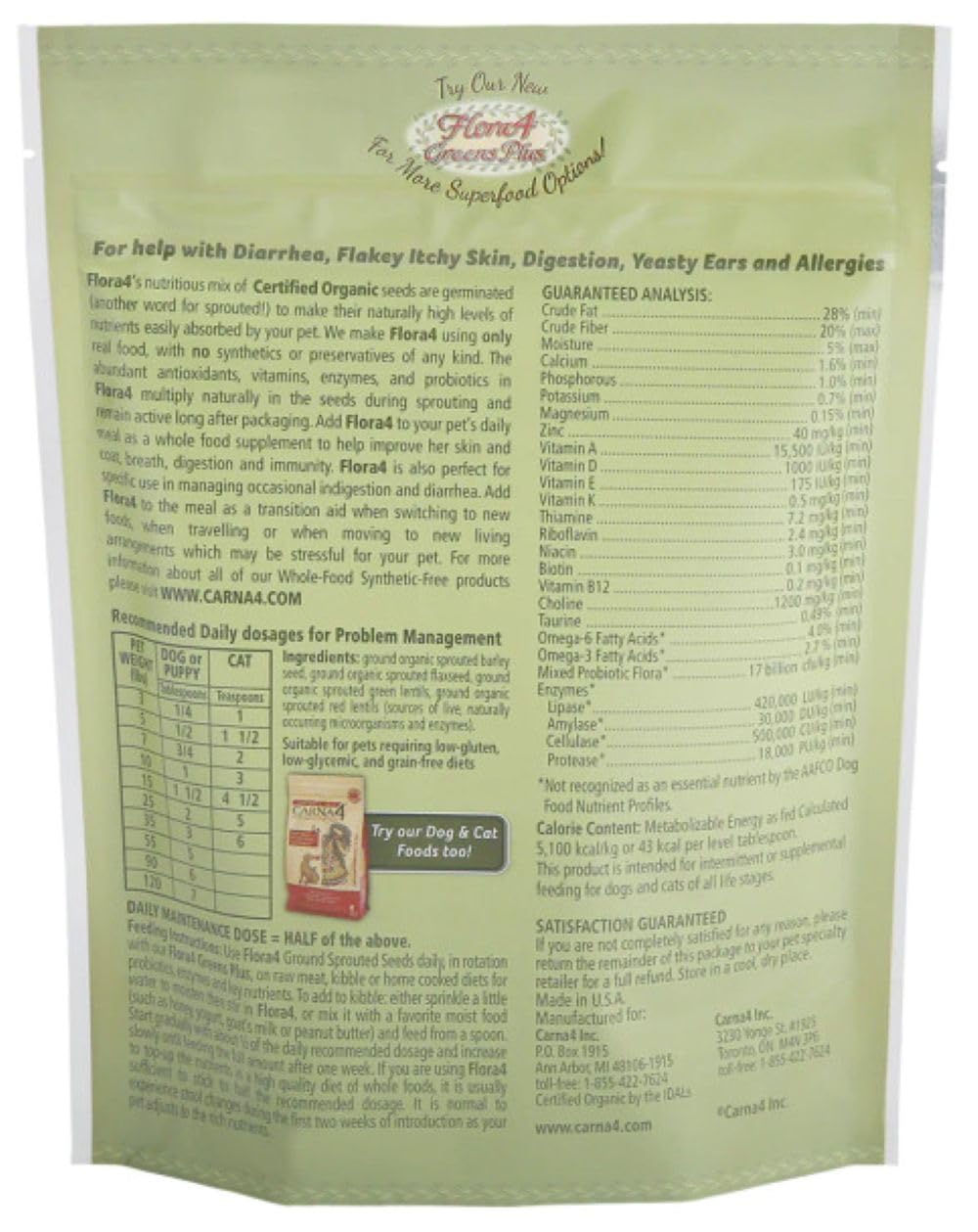 CARNA4 Flora4 — grains germés sur plat, nutrition pour pelage brillant et peau saine.