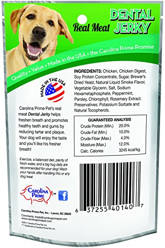 Tranches de jerky dentaire Carolina Prime Pet, texture tendre pour des collations satisfaisantes et nettoyantes.