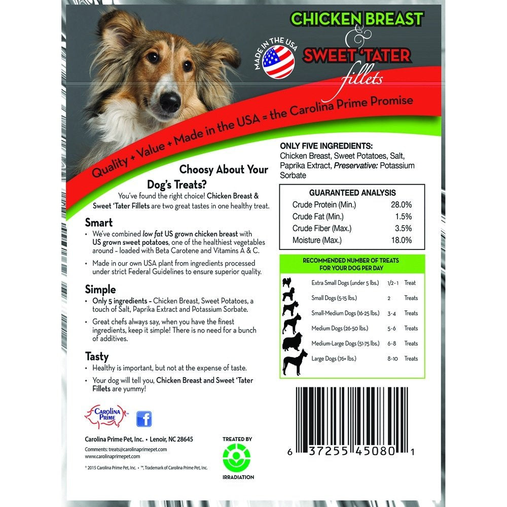 Carolina Prime Pet – Filets de poulet et patate douce, texture tendre idéale pour récompenser.