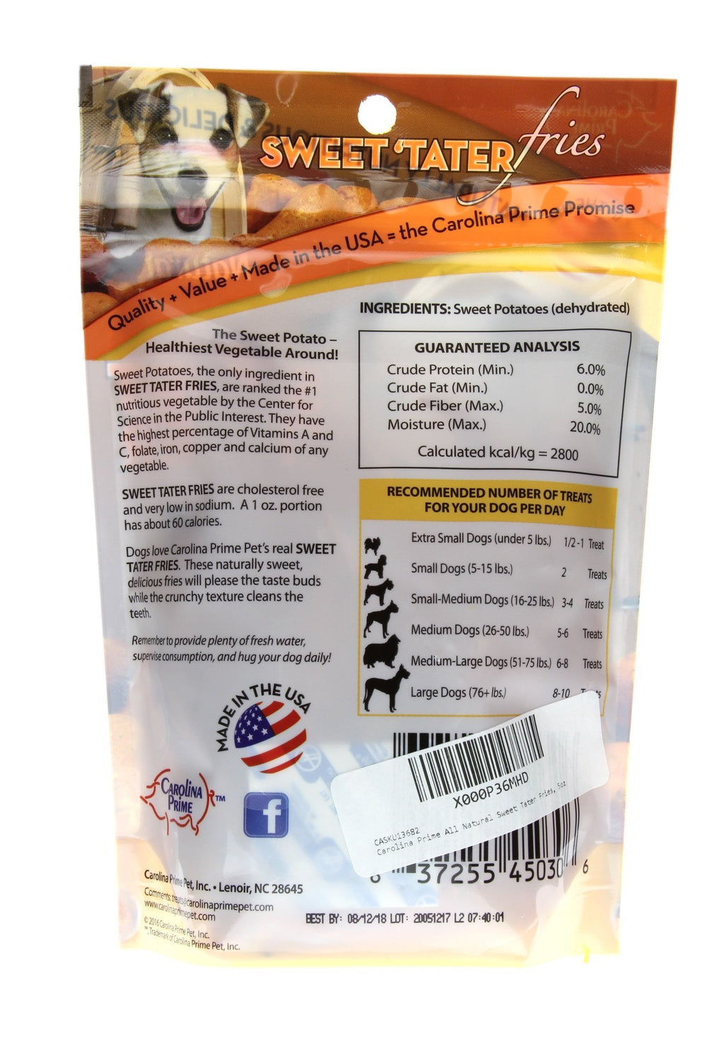 Carolina Prime Pet Friandises patate douce‑croquettes, texture naturelle et appétente.