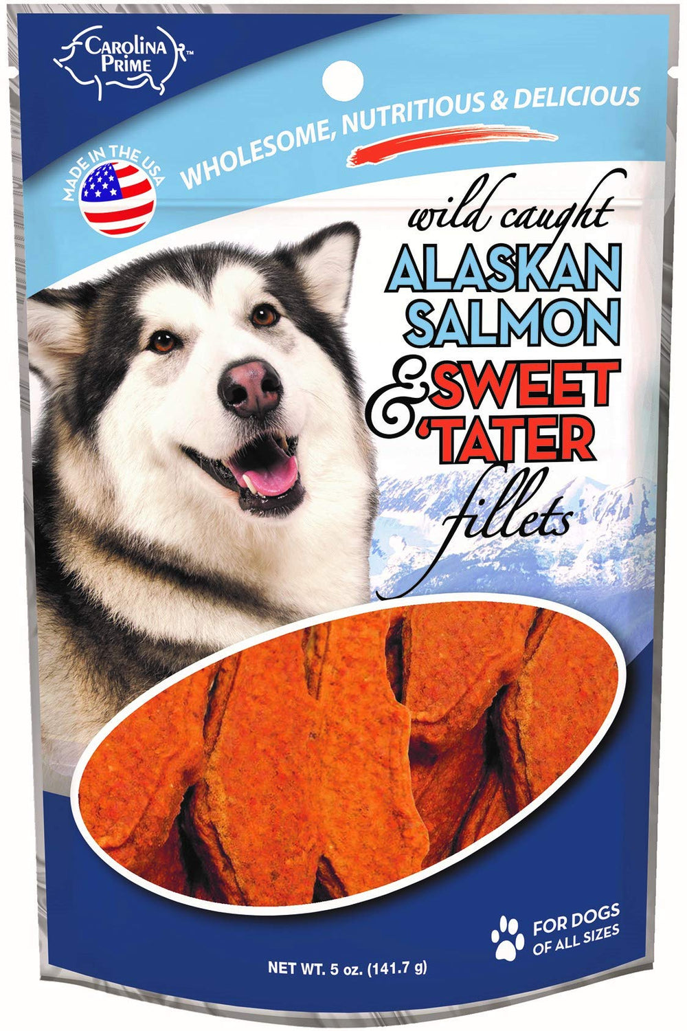 Carolina Prime Pet – sachet 5 oz saumon et patate douce, récompense savoureuse pour chien.
