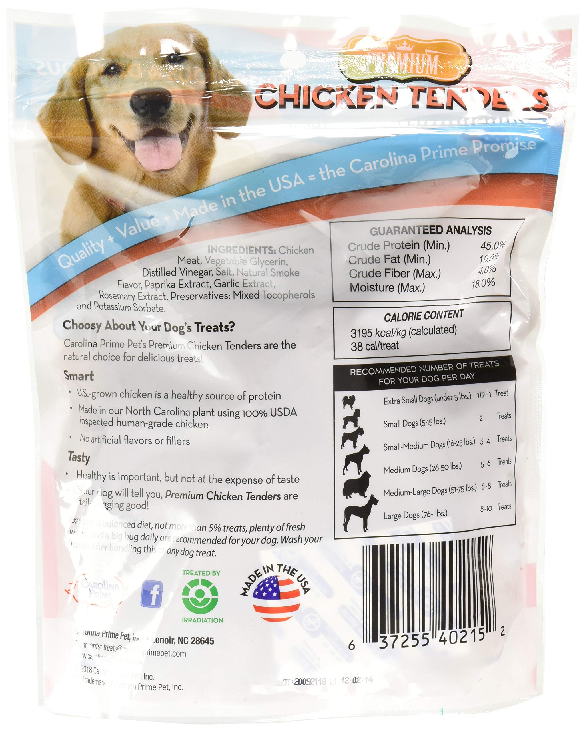 Friandises Tenders de poulet Carolina Prime Pet dans pochette 12 oz, pratique et refermable.