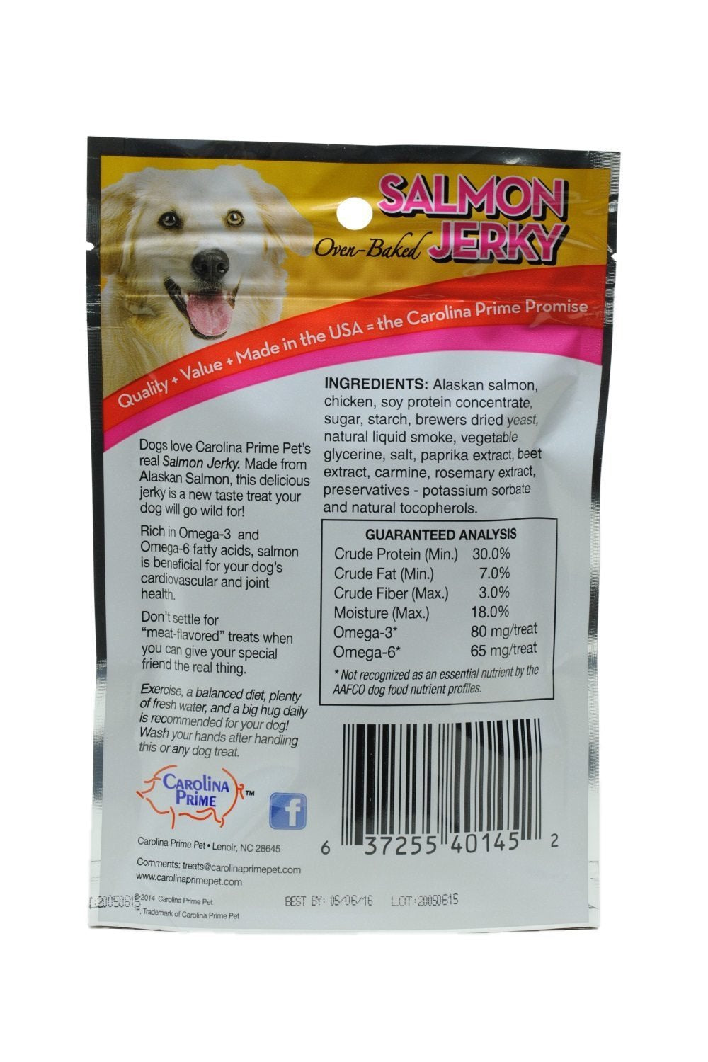 Tranches de saumon jerky Carolina Prime Pet, texture croustillante, récompense idéale.