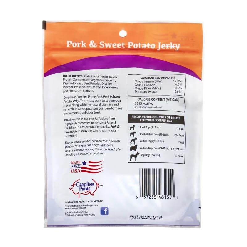Carolina Prime Pet friandise porc et patate douce – texture solide, idéale pour récompenser.