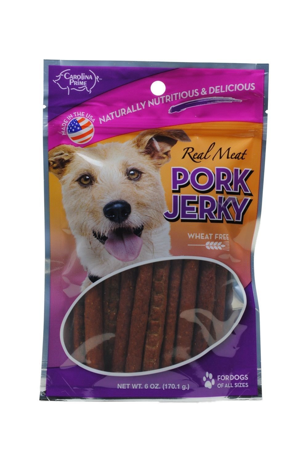 Carolina Prime Blue Ridge Naturals Jerky de porc réel dans son emballage, snack savoureux pour chien.