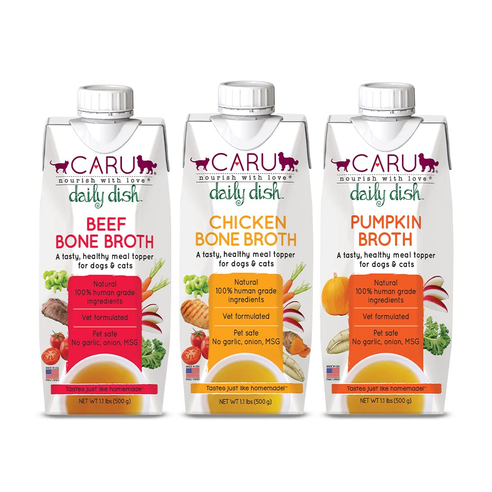 Caru bouillon potiron boeuf poulet – bouteille pratique pour rehausser le repas des animaux.