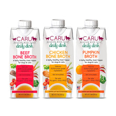 Caru bouillon potiron boeuf poulet – bouteille pratique pour rehausser le repas des animaux.