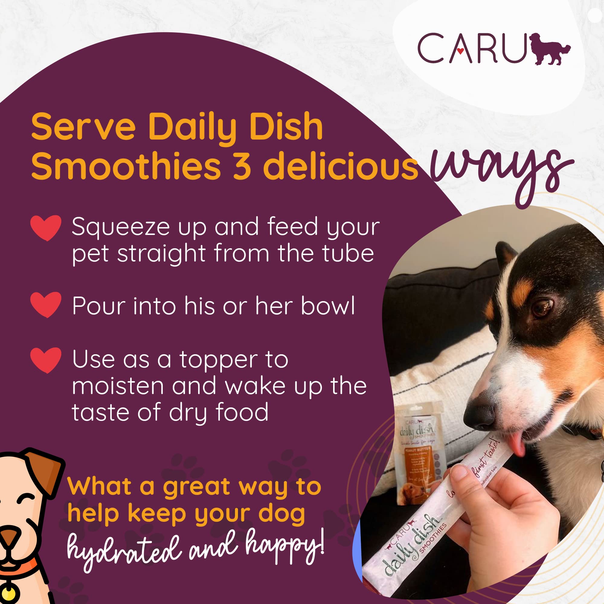 CARU Daily Dish Smoothies - tube poulet ouvert, administration rapide.