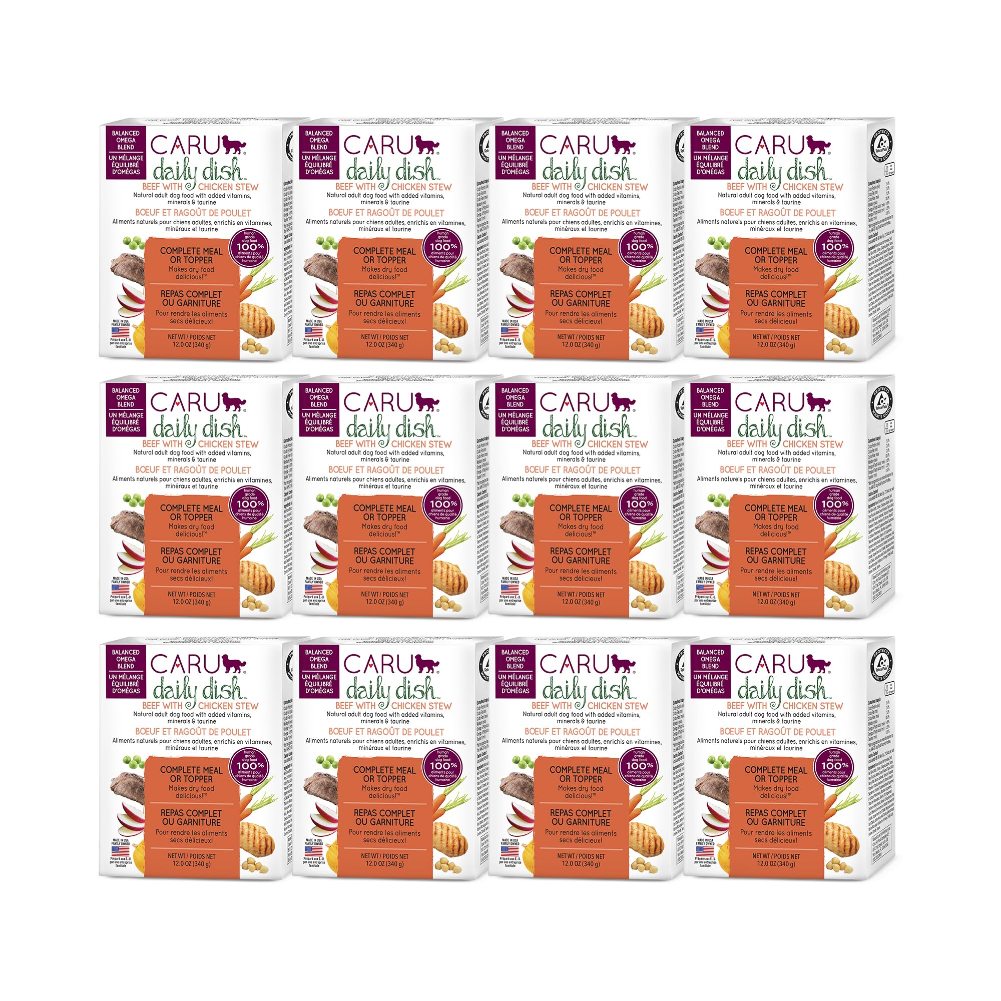 Caru ragoût quotidien boeuf et poulet pour chien, texture appétissante et nourrissante.