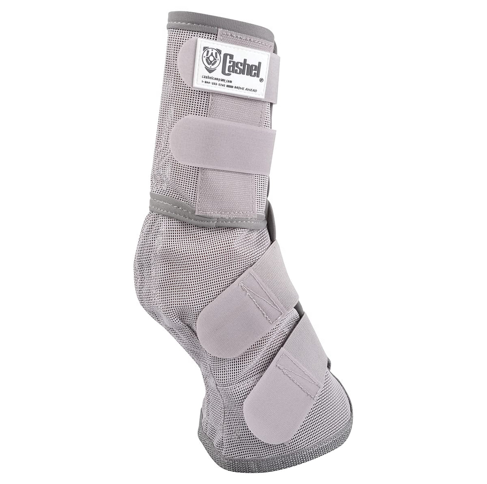 Cashel Crusader guêtres anti-mouches pour poney gris vue arrière, sécurité et maintien.