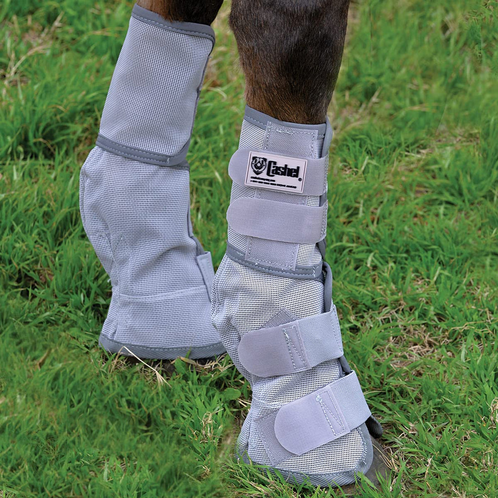 Cashel Crusader guêtres anti-mouches pour poney gris vue latérale, ajustement sûr.