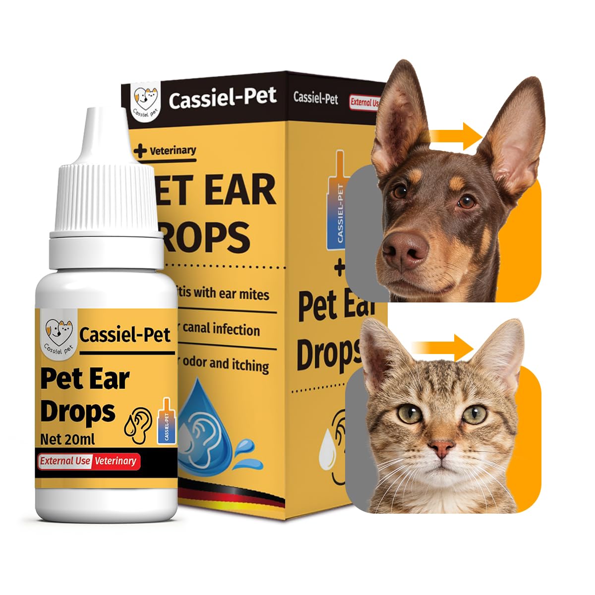 Cassiel pet gouttes auriculaires en bouteille, utilisation facile.