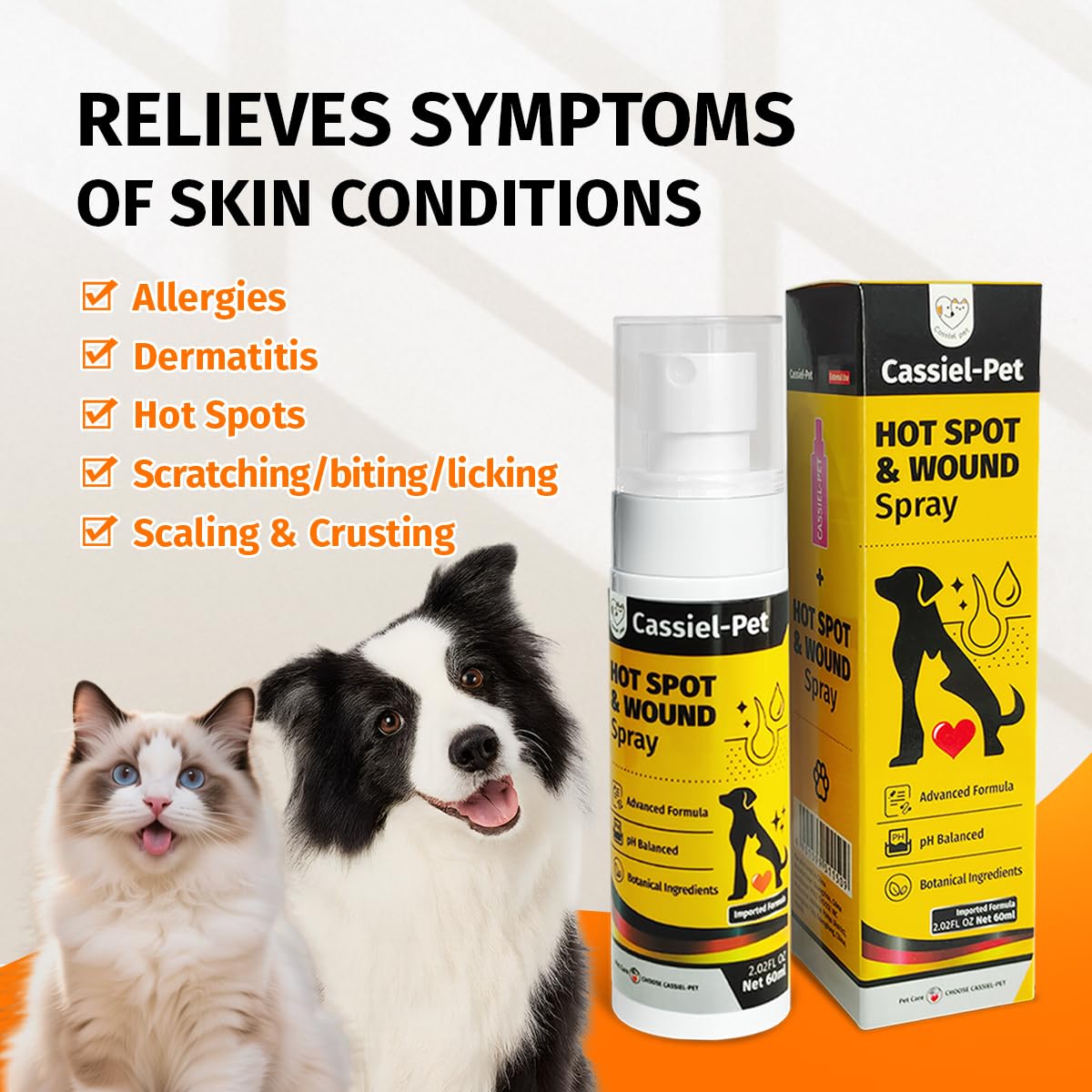 Application du Cassiel pet spray sur une zone inflammatoire pour calmer les démangeaisons.