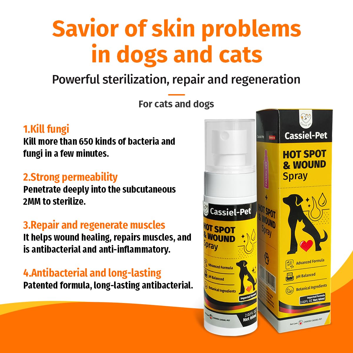 Le Cassiel pet spray est un soin peau adapté aux animaux.