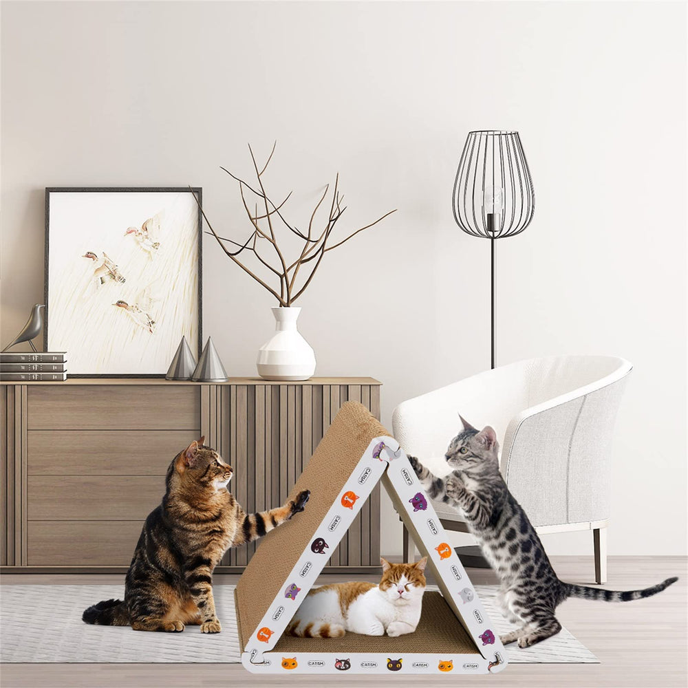 CATISM Grattoir chat pliable triangle, 6 faces utilisables pour chat, divertissement varié.