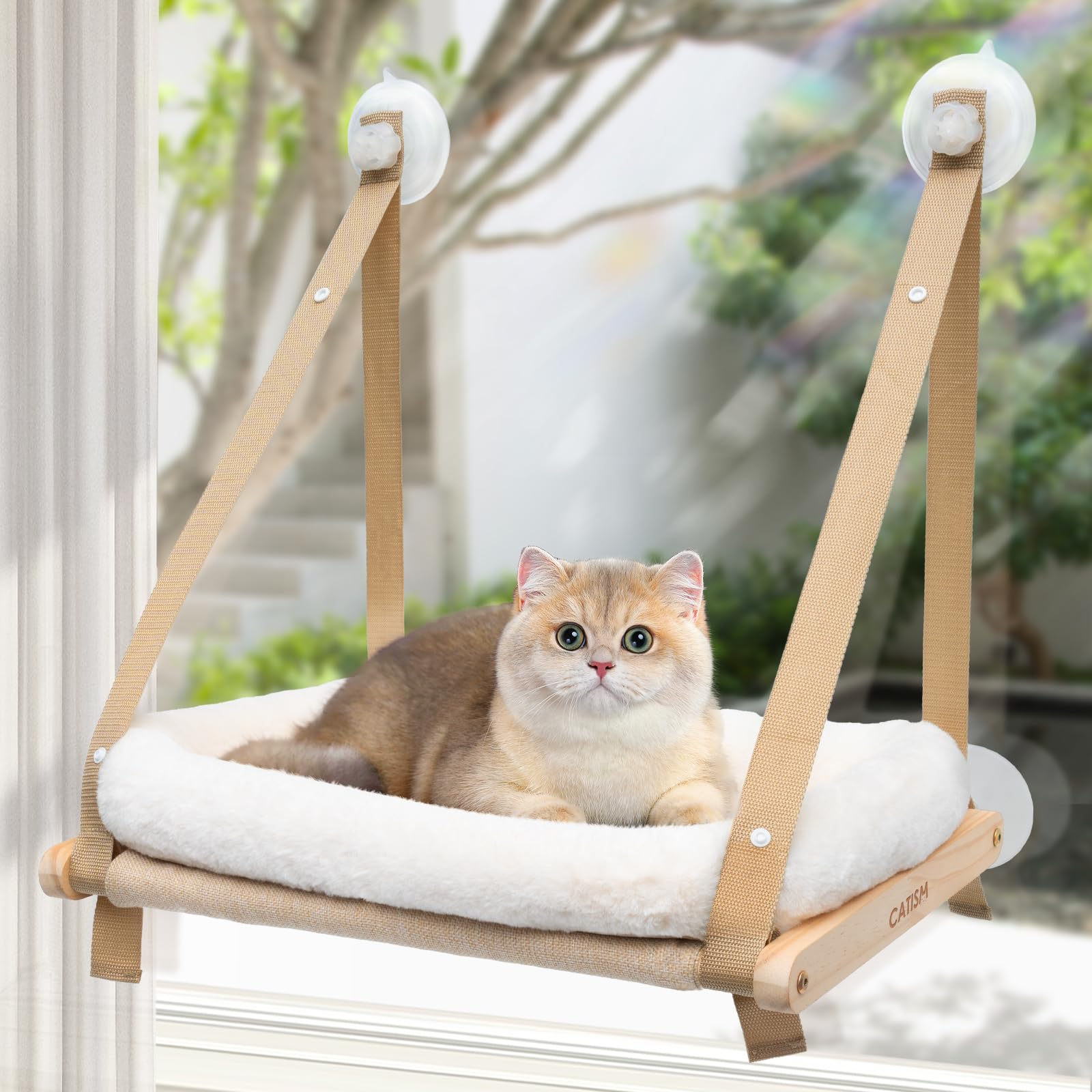 CATISM hamac-fenêtre-bois khaki, endroit sûr en hauteur pour chat.