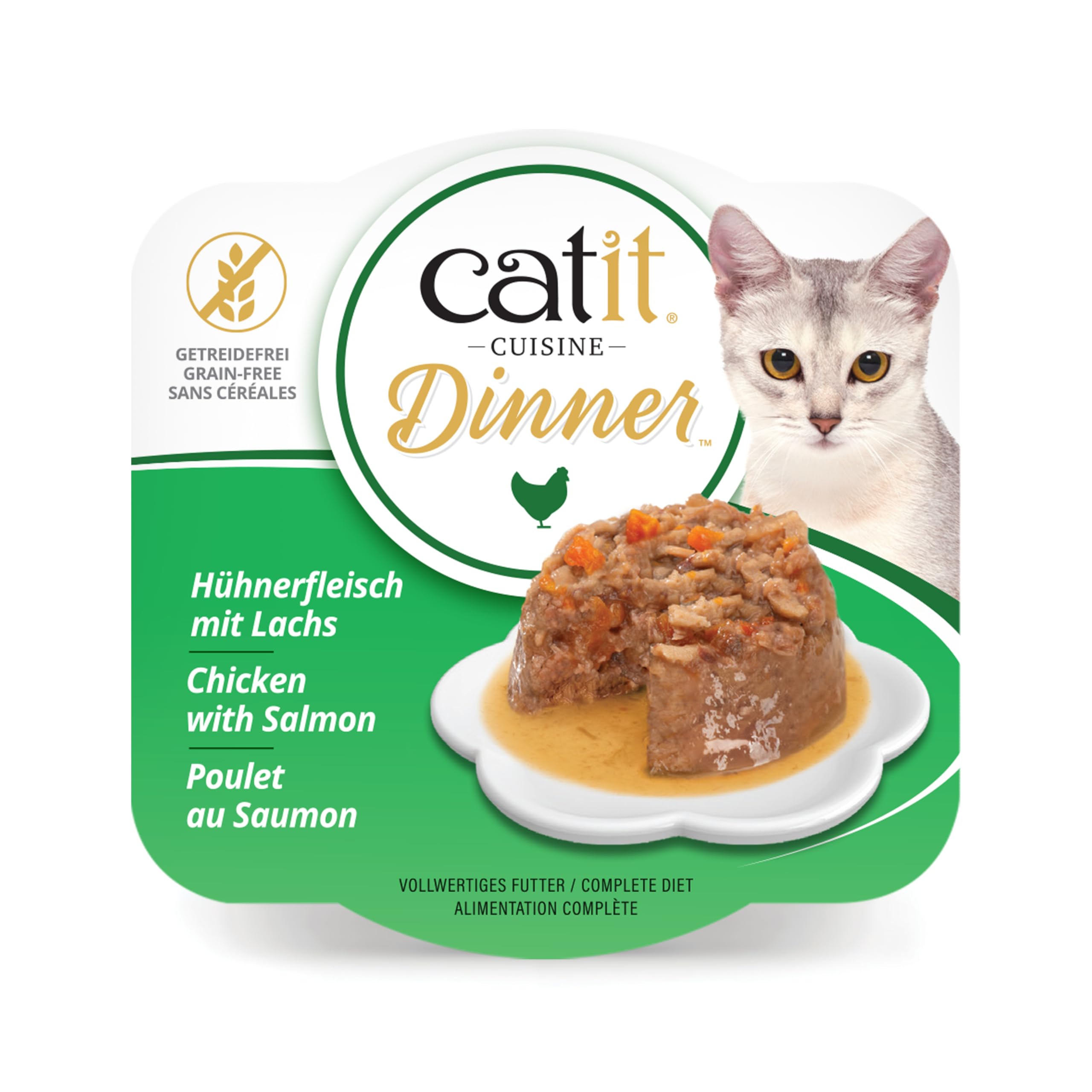 Catit Dîner poulet saumon et carotte avec bouillon riche, idéal pour l'hydratation.
