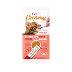 Catit Creamy saumon-tube en gros plan, friandise délicieuse à offrir en douceur pour récompenser votre chat.