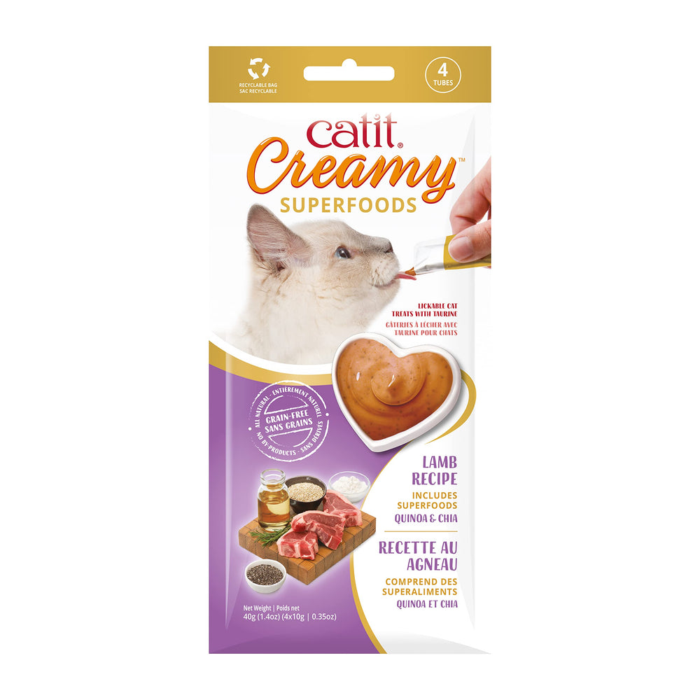 Tube Catit Crémeux Super-aliments agneau-quinoa-chia, idéal pour récompenser et hydrater votre chat