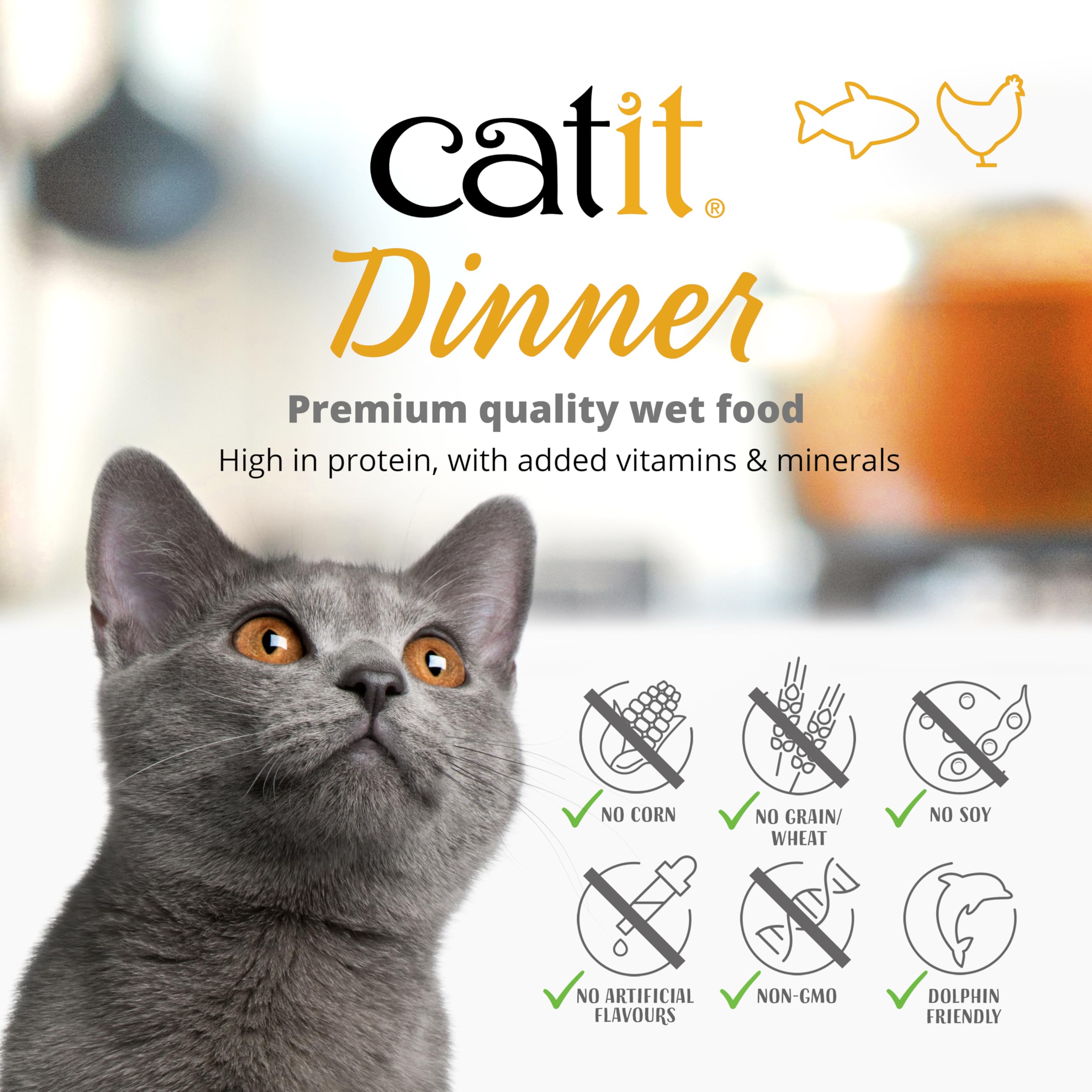 Catit Dinner Chicken prête à servir dans un bol, repas hydratant pour chats.