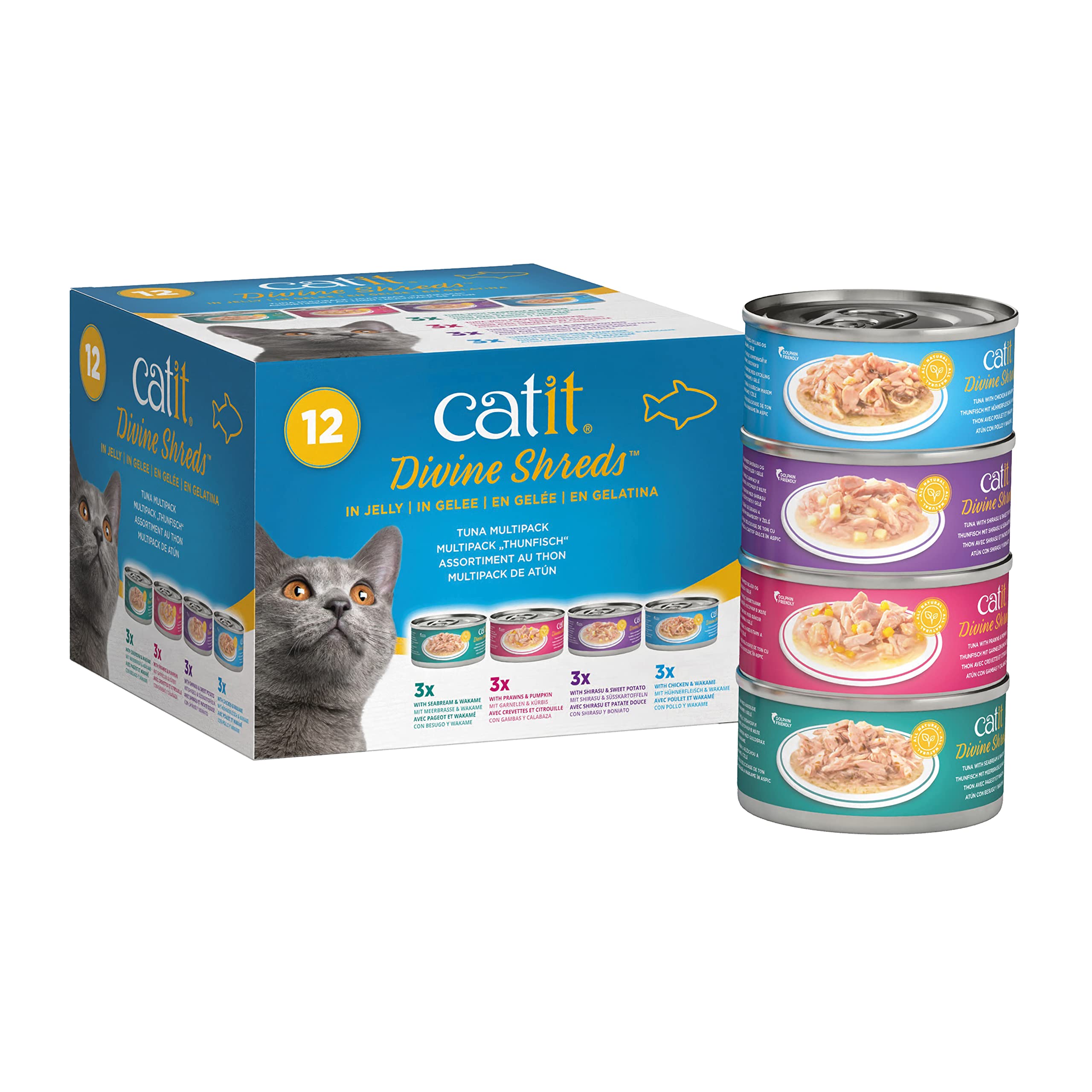 Catit Divine Shreds en gelée au thon, hydratation délicate pour croquettes.