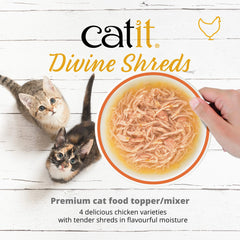 Catit Divine Shreds poulet foie et brocoli; texture tendre et digestibilité agréable.
