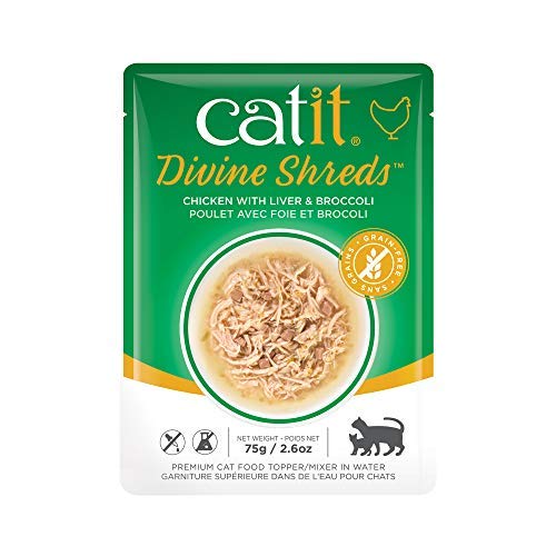 Catit Divine Shreds poulet maquereau et brocoli; apport protéique et humidité.