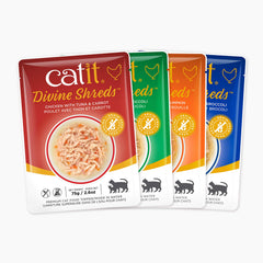 Catit Divine Shreds poulet saumon potiron; saveur variée pour votre chat.