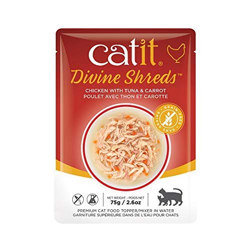 Catit Divine Shreds poulet thon et carotte; variété pour varier les plaisirs.