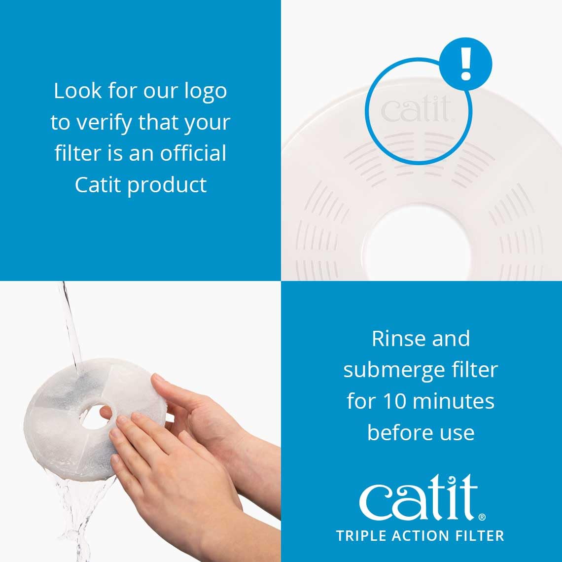 Remplacement mensuel du filtre Catit Triple Action pour une maintenance facile.