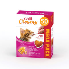 Friandise léchable Catit au poulet et crevettes en tube, récompense savoureuse pour chat.