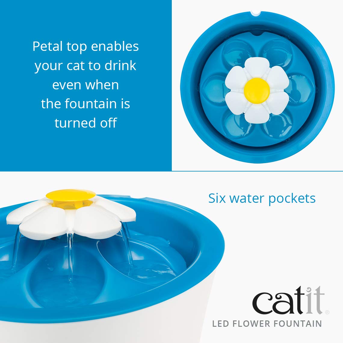 Catit LED Flower Fountain et filtre triple action protège l’eau des impuretés