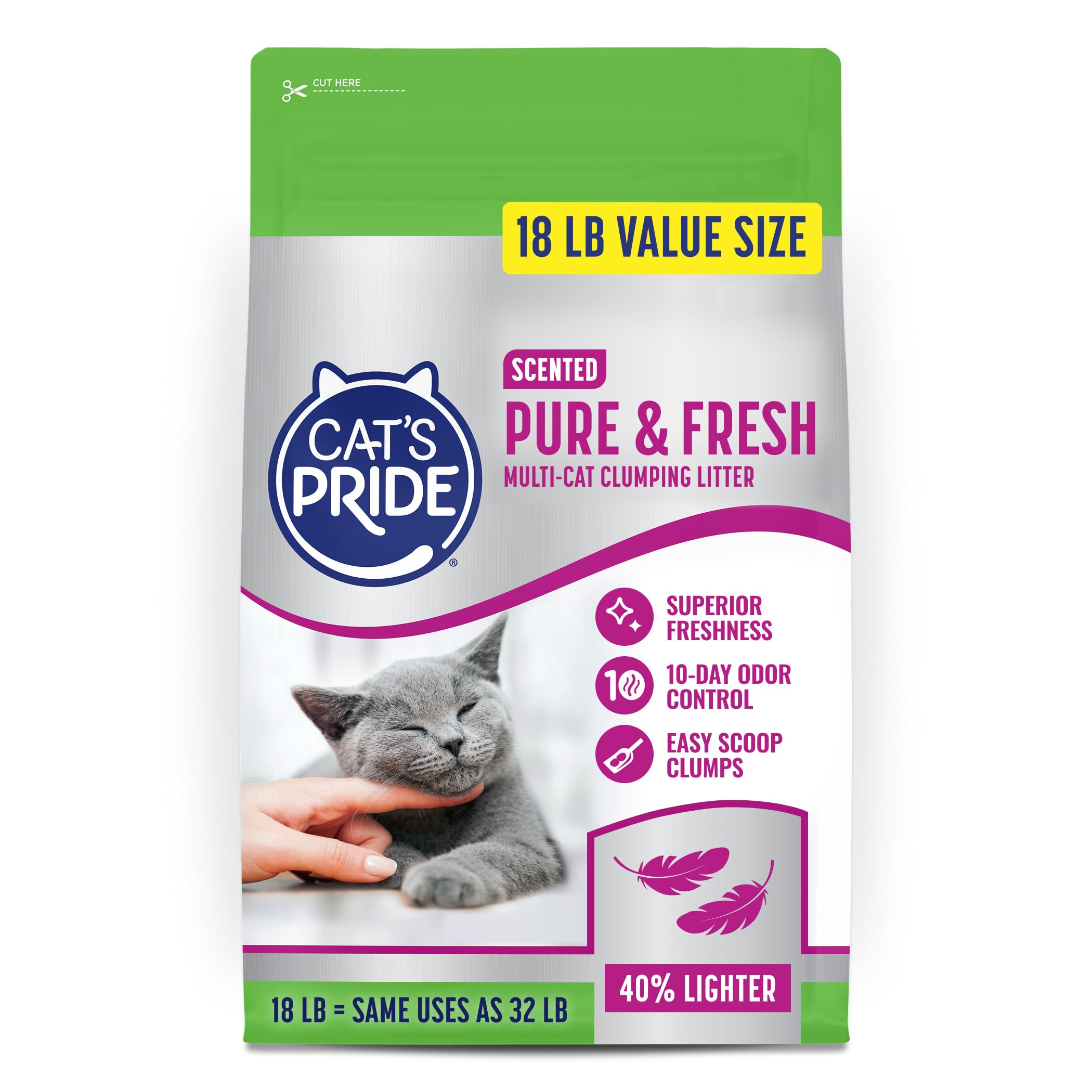 Cat's Pride Pure & Fresh sac-litière-18lb: léger et facile à transporter.