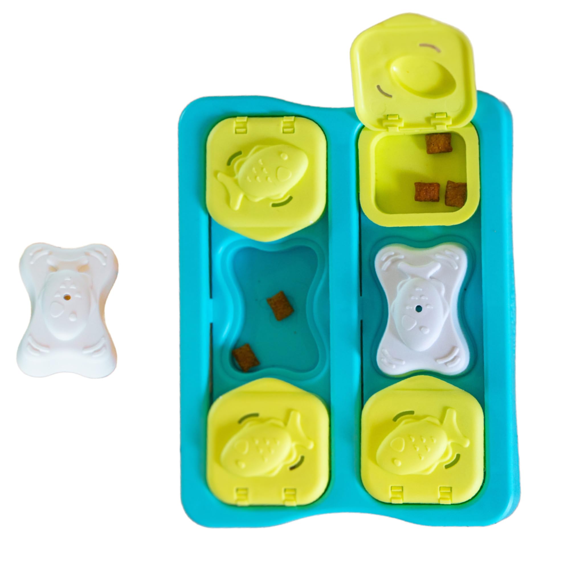 Catstages Kitty Cube, puzzle interactif bleu, stimule la curiosité lors des repas.