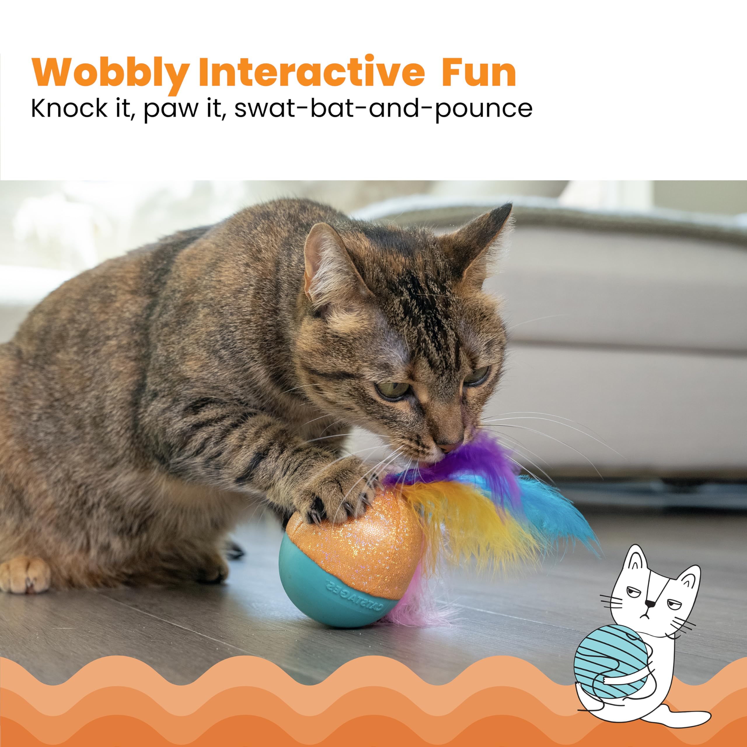 Catstages Whack N’ Wobble Ball : plumes flottantes éveillent l’attaque et la curiosité.