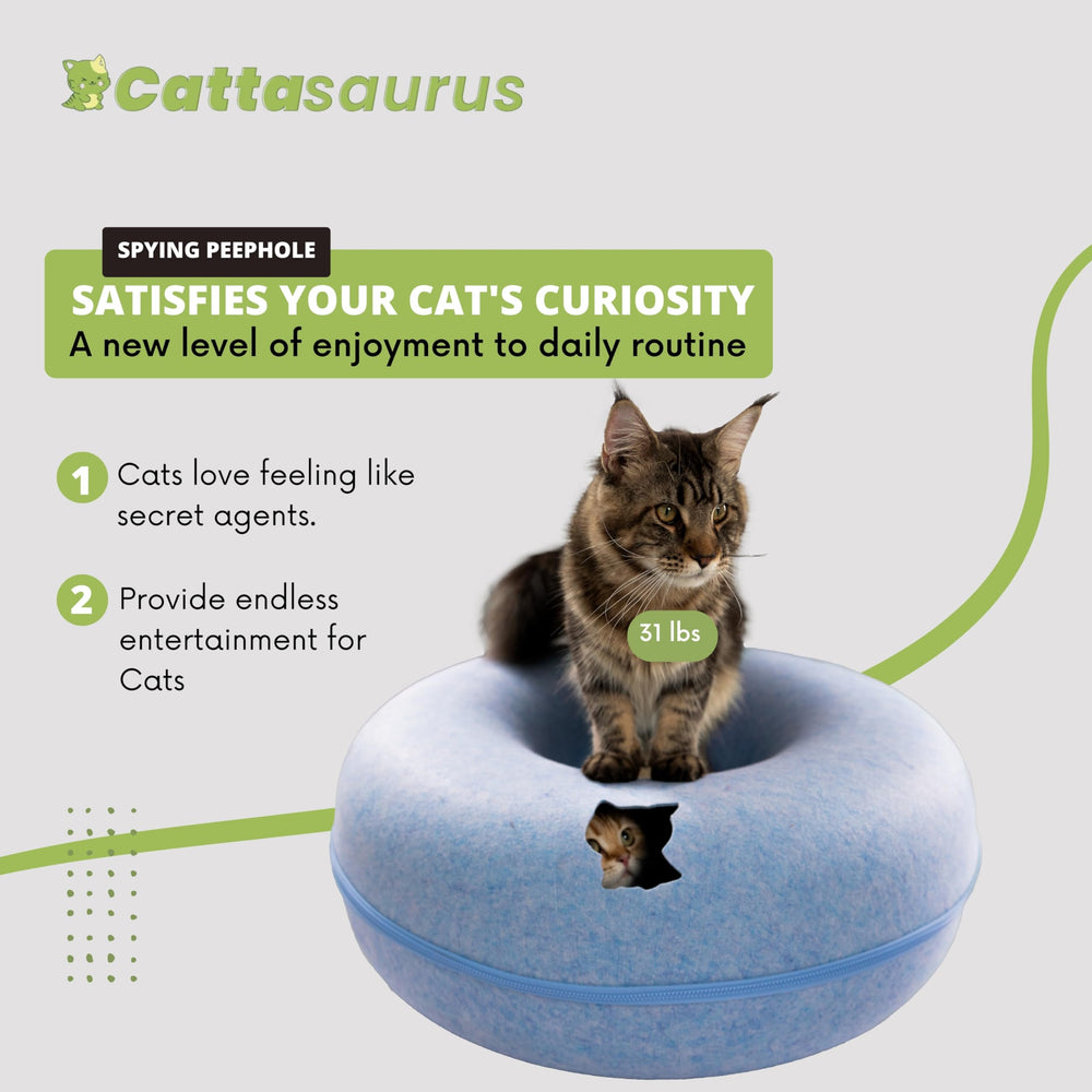 Cattasaurus Peekaboo; espace lit donut et tunnel, pour jeu et repos.