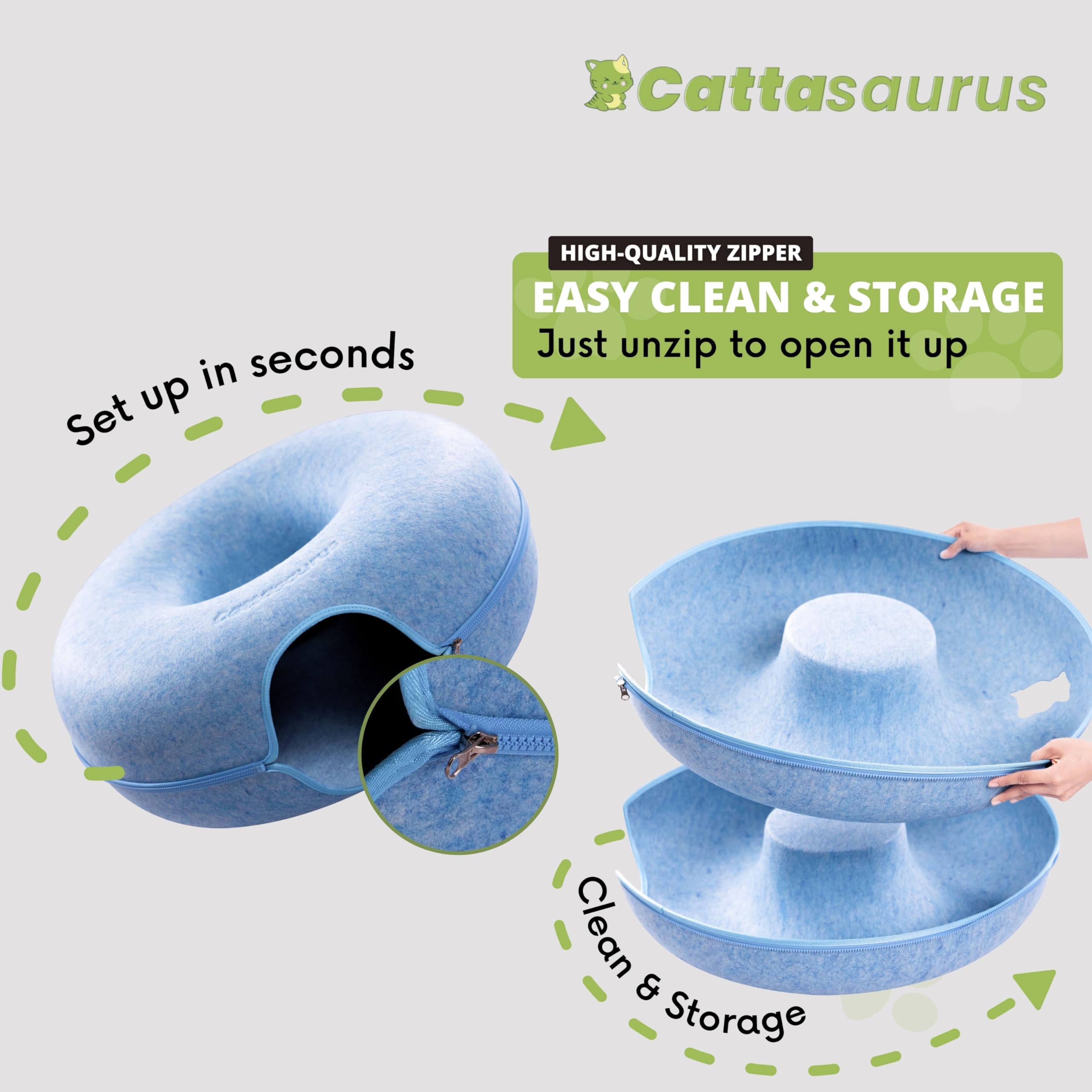 Cattasaurus Peekaboo; housse amovible et lavable pour entretien simple.